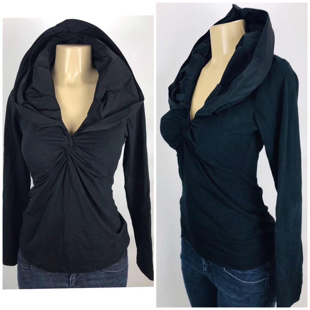 CAbi Blouse Sz S Black Stand Collar Long Sleeve